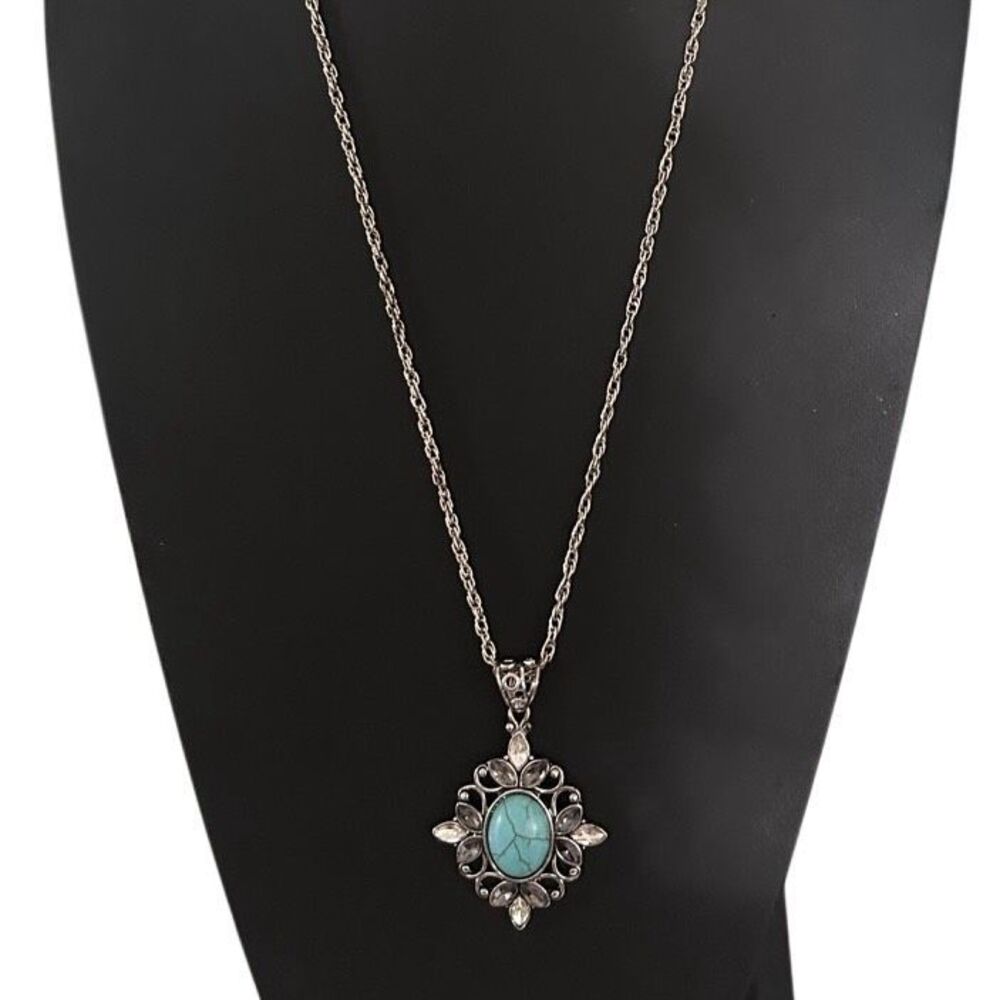 Vintage Pendant Necklace Women's Silver-tone Chain Turquoise Cabochon Center - Picture 3 of 9